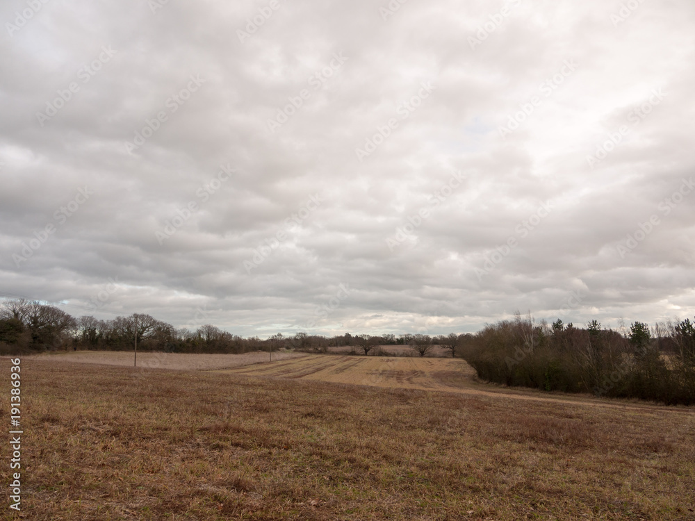moody skyline clouds over autumn farm field