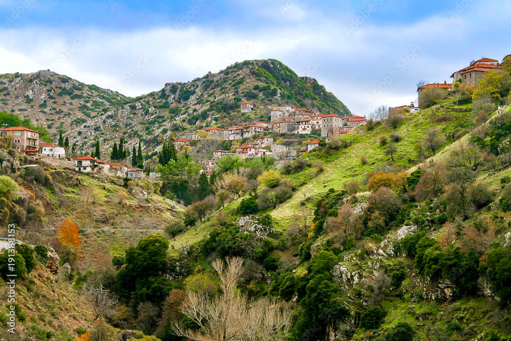 Panoramic view of a beautiful mountain village named Dimitsana,  Peloponesse, Greece