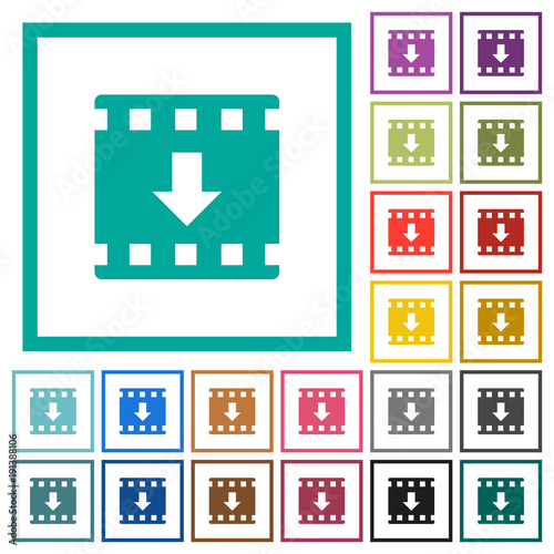Move down movie flat color icons with quadrant frames