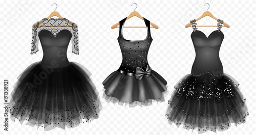 Three evening black dresses on hanger on transparent background
