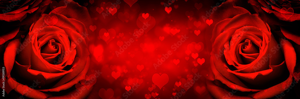 Red roses with heart shapes background