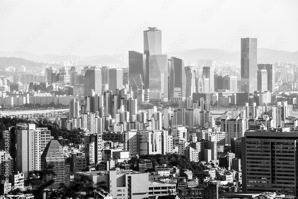 Black and white view of Seoul from the Ansan Mountain, South Korea