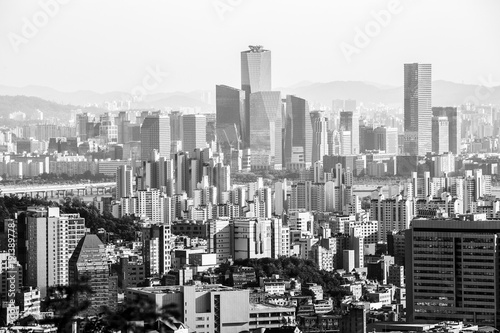Black and white view of Seoul from the Ansan Mountain  South Korea