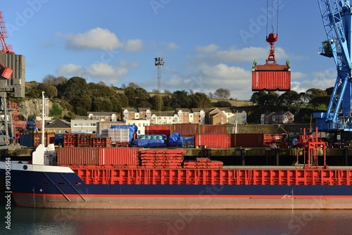 St Helier docks, Jersey, U.K. A container ship being loaded.