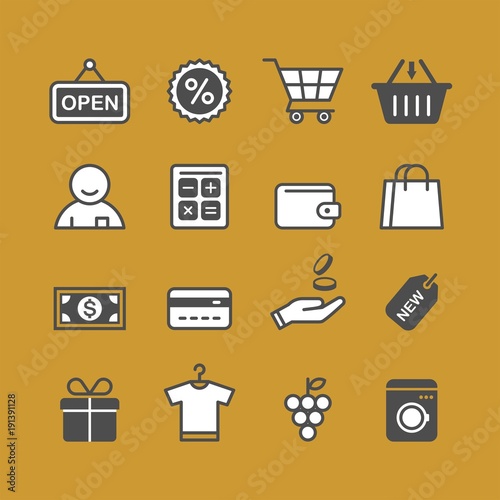 Shopping flat vector icons set. Shopping spree flat vector icons set. In a store flat vector icons set
