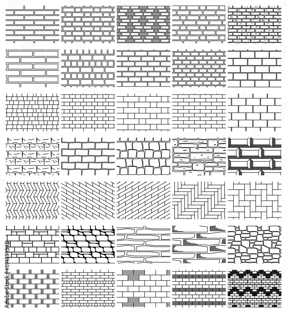Vector brick and stone masonry texture collection – black and white outline patterns for graphic design