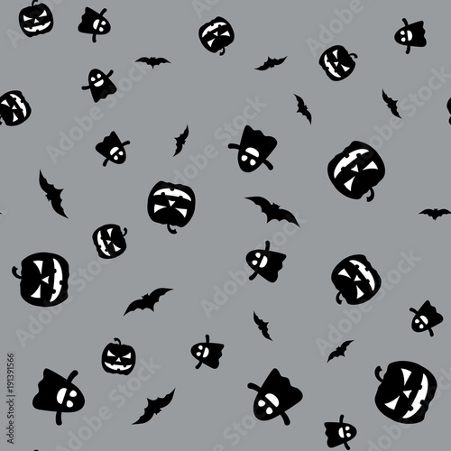 Seamless pattern for Halloween with pumpkin, ghost and bat on gray background.Design for T-shirt, packing paper. Vector illustration.