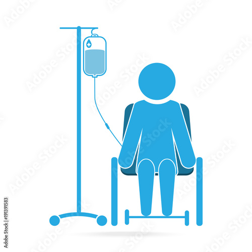 Patient sitting on wheelchair with a drop counter icon