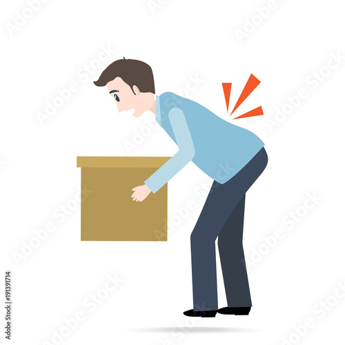 Man carrying box and injured of the back pain. person injury icon