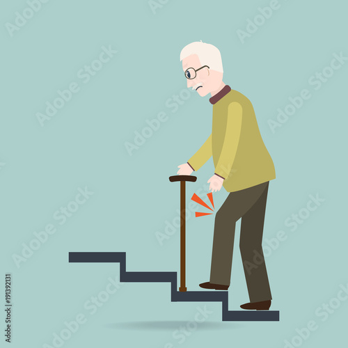 Elderly Man with stick and injury of the knee . old people symbol vector illustration
