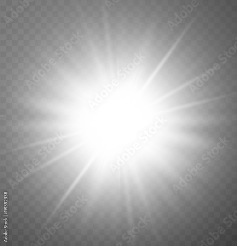 White glowing light burst explosion with transparent effect. Vector illustration.