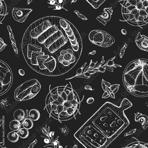 Gourmet snacks seamless pattern. Cheese, sausages, bread hand drawn. Gourmet food menu design template. Engraved style.