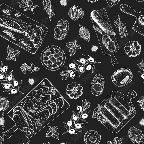 Gourmet snacks seamless pattern. Cheese, sausages, bread hand drawn. Gourmet food menu design template. Engraved style.