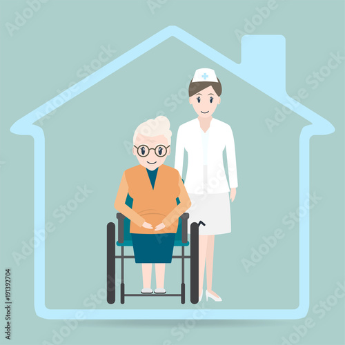 Elderly woman sitting on wheelchair and nurse icon