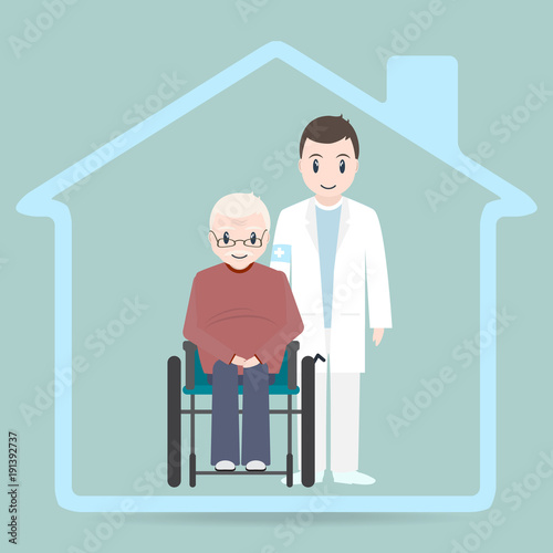 Nursing home sign icon, Doctor and elderly man sitting on wheelchair icon
