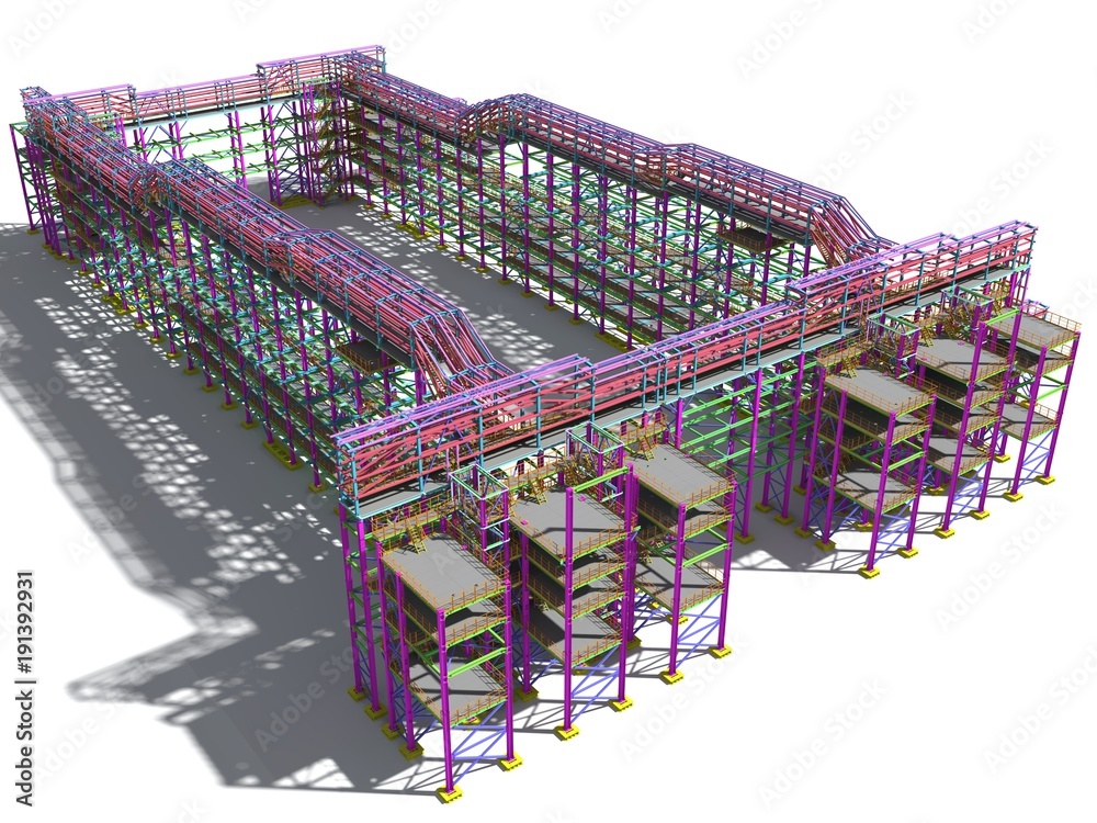 3D rendering of the construction of the overpass of technological metal structures. Architectural, construction and engineering background. Isolated on a white background.