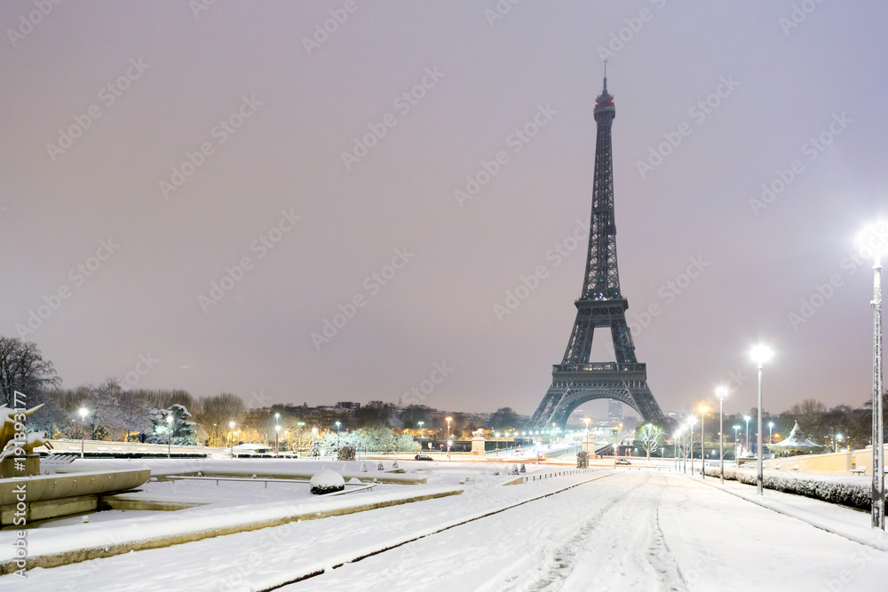 Paris under the snow during the winter, France