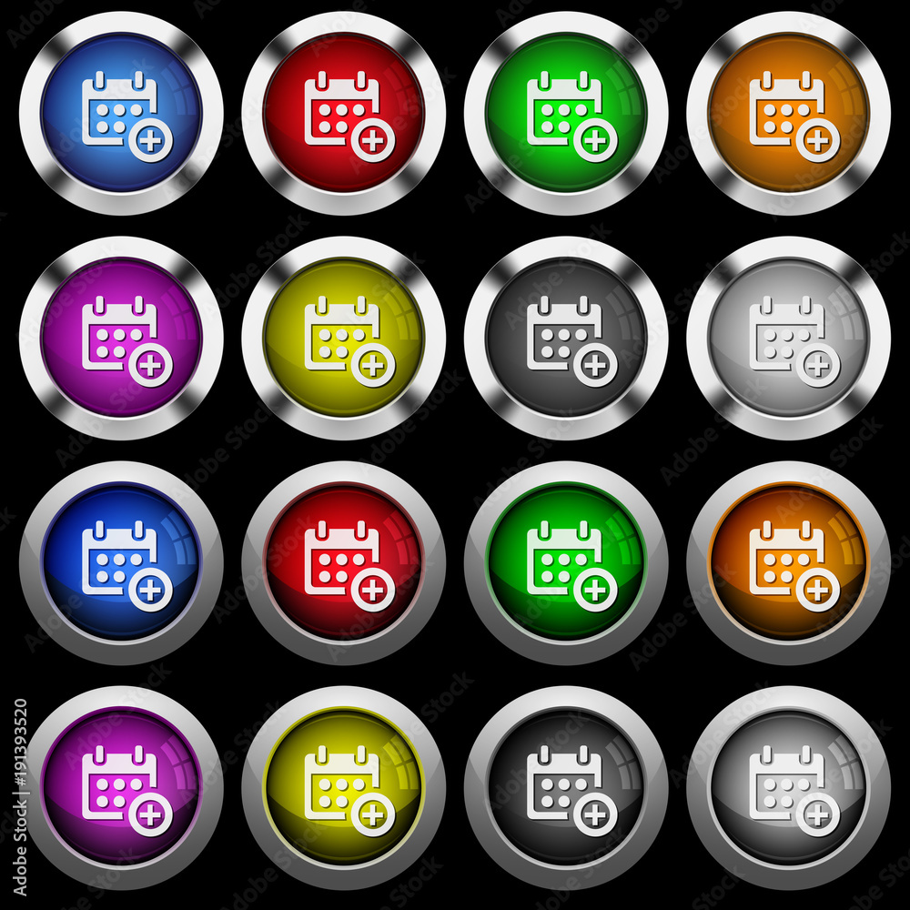 Add to calendar white icons in round glossy buttons on black background Add to calendar white icons in round glossy buttons on black background