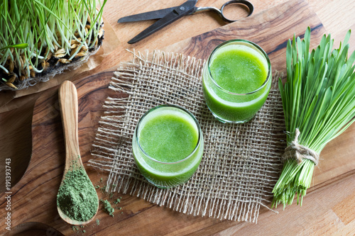 Two glasses of green juice with freshly harvested barley grass photo