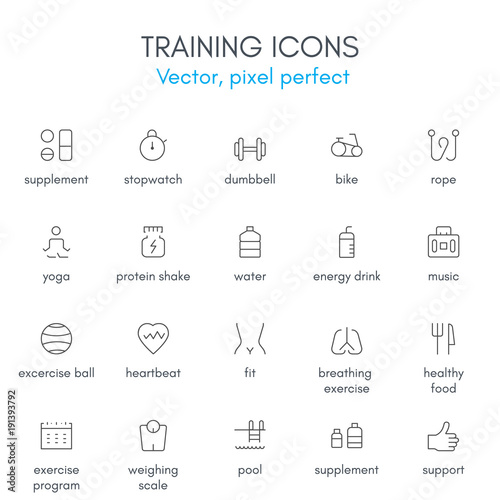 Training theme, line icon set.