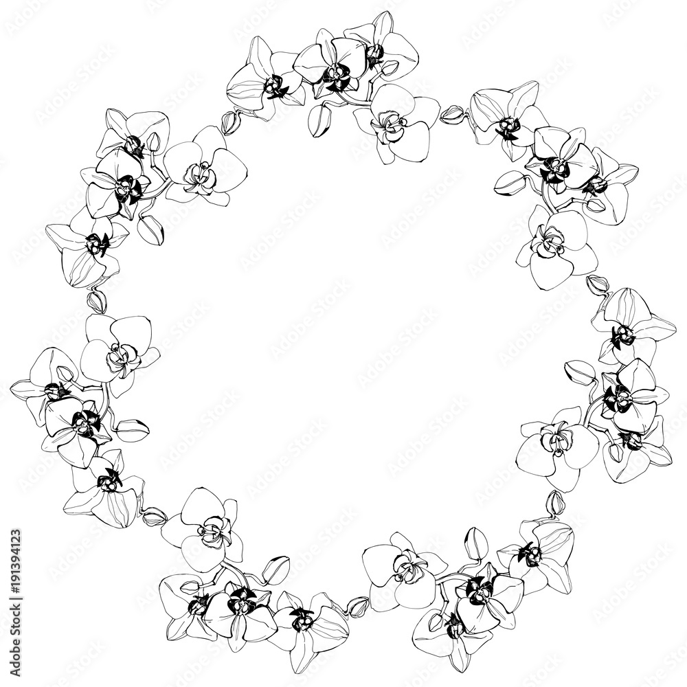 Floral seamless pattern with orchids. Black and white vector illustration. Silhouettes.