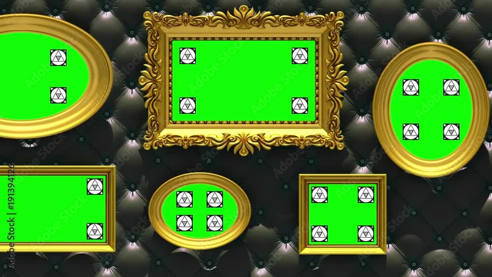 Picture gallery 3d animation. Gold picture frames on luxury black upholstery background. Camera moves along the wall, seamless loop. Motion tracking markers and green screen included.