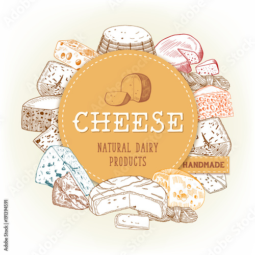 Cheese food banner with gouda and cheddar, chechil