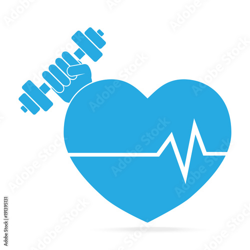 Heart and Hand holding with dumbbell blue icon. Strong Heart concept.