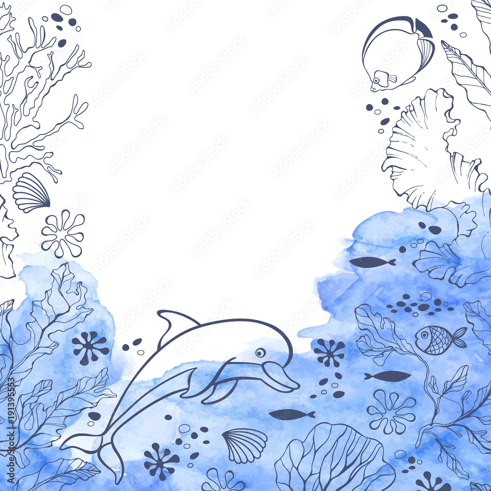 Fototapeta premium Marine background with dolphin and plants. Vector illustration with place for text on and blue watercolor element. Invitation, greeting card or an element for your design.