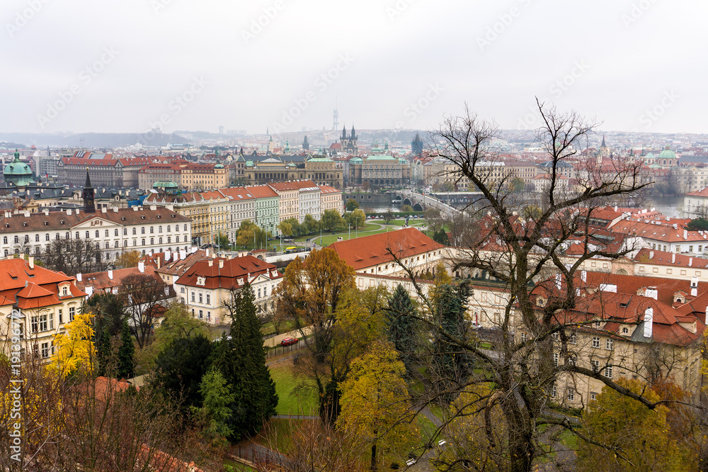Prague panorama from Prague Hill with Prague Castle and historical architecture. Concept of Europe travel, sightseeing and tourism.