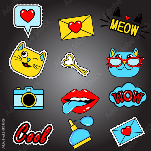 Fashion patch badges with lips, cats, hearts, meow, letter, perfume, camera, speech bubbles,tongue, lipstick and other elements.Set of girlish stickers, patches in cartoon isolated on black background