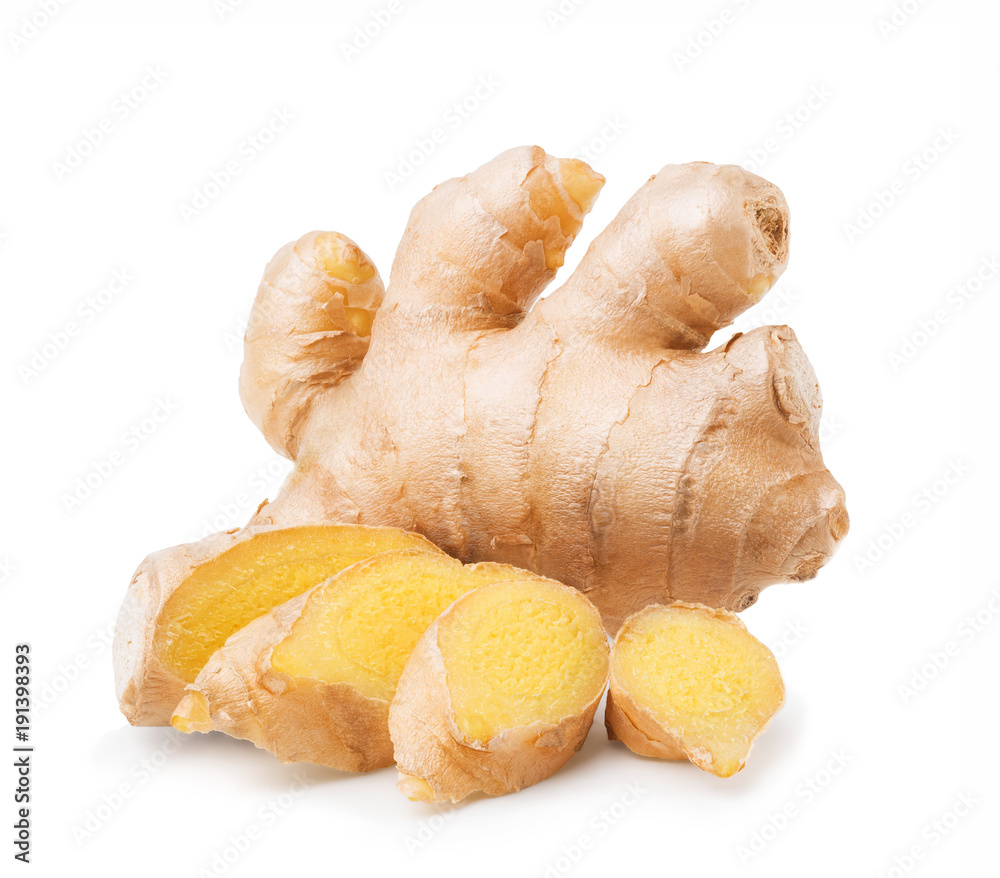 Ginger root with slices isolated on white Ginger root with slices isolated on white