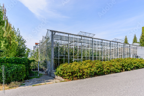 Glass metal construction of greenhouses against the background of green bushes and blue sky