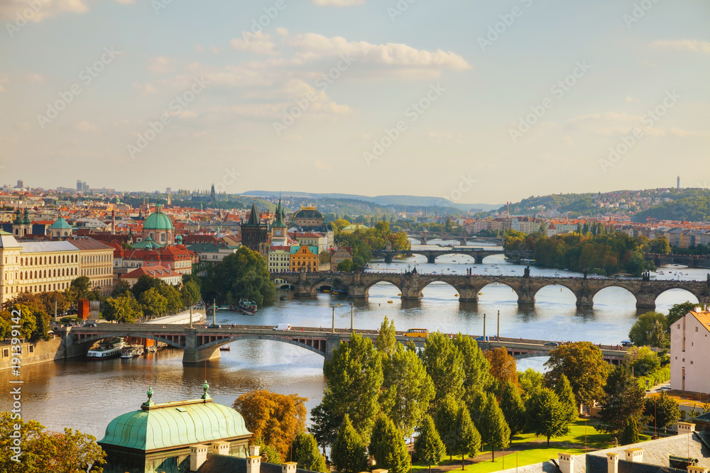 Overview of old Prague with Charles bridge