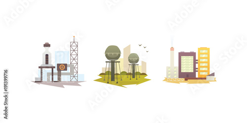 Different industrial factory buildings and plants. Industrial city construction set vector illustrations