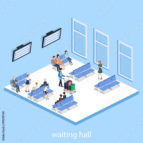 Isometric 3D vector illustration people at the airport with luggage and waiting for the plane