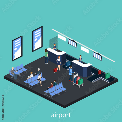 Isometric 3D vector illustration people at the airport with luggage and waiting for the plane