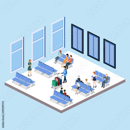 Isometric 3D vector illustration people at the airport with luggage and waiting for the plane