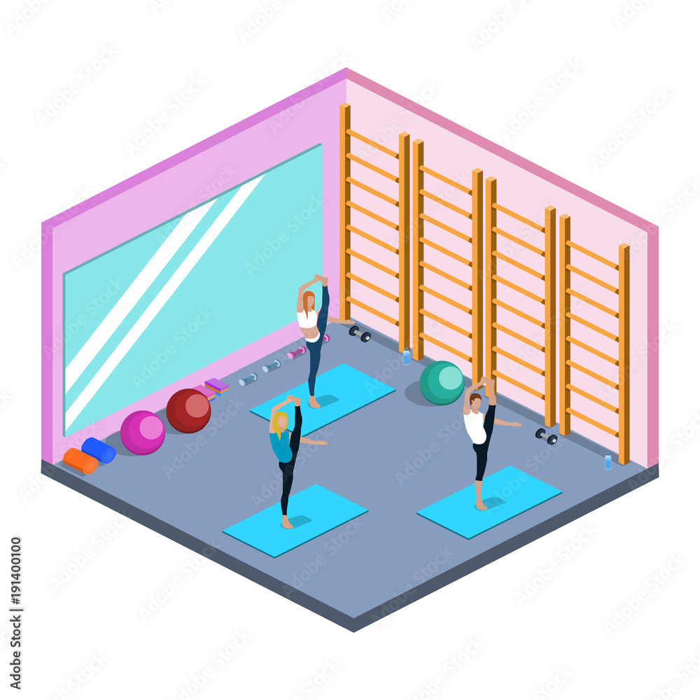 Class yoga and pilates, people are doing sports isometric 3D vector illustration Class yoga and pilates, people are doing sports isometric 3D vector illustration