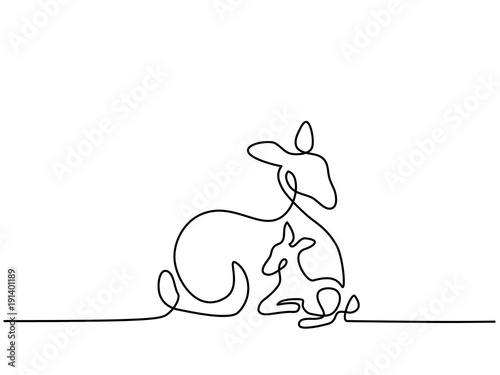 Continuous line drawing. Deer doe with baby logo. Vector illustration