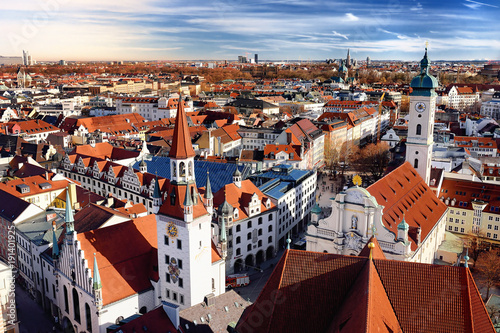 Munich center panoramic cityscape view with Old Town Hall and Heiliggeistkirche