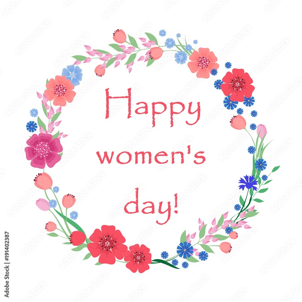 Women's day card with flowers and leaves. Vector illustration.