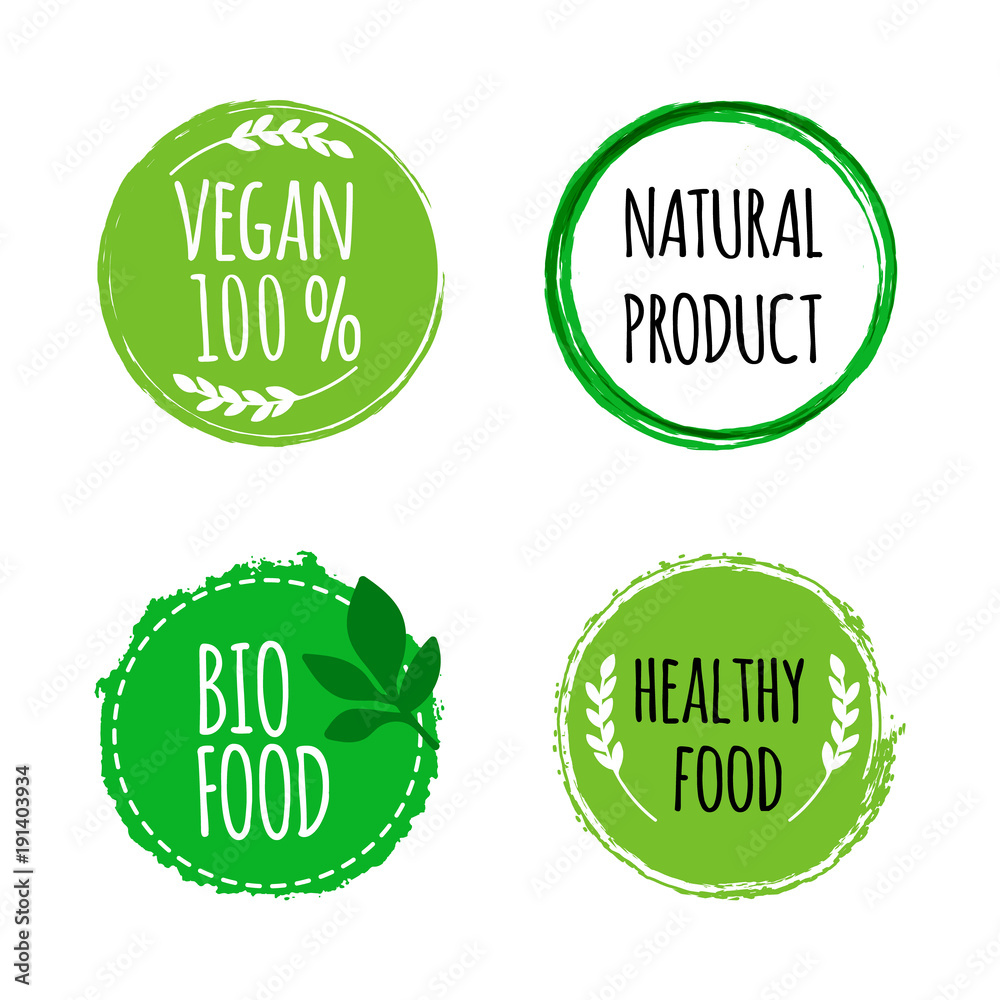 Vegan round logos, badges. Set of hand drawn bio, healthy food badges. Vector illustration Vegan round logos, badges. Set of hand drawn bio, healthy food badges. Vector illustration