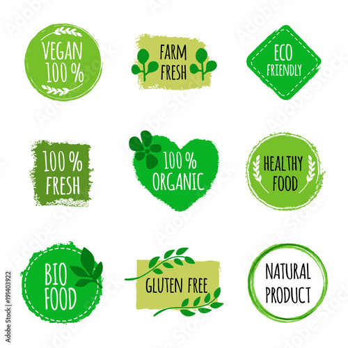 Set of vegan logos, badges, signs. Hand drawn bio, healthy food badges. Vegan logo. Vector illustration
