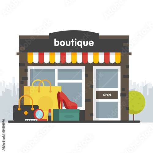 Boutique facade. Illustration of a boutique in a flat style. Box and shopping bag clothing, shoes, heels, cosmetics. Vector