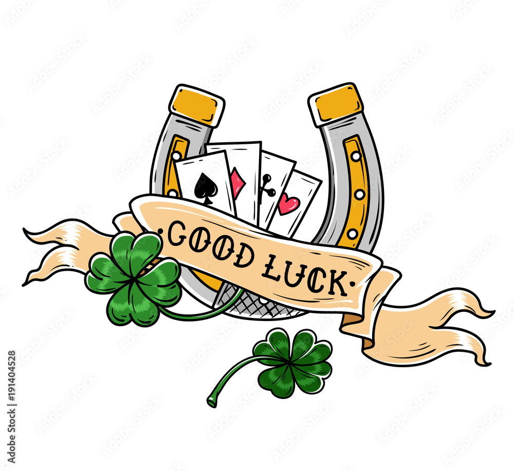Tattoo horseshoe, four leaf clover and playing cards. Good Luck tattoo. Old  school style. Lucky symbol Stock Vector