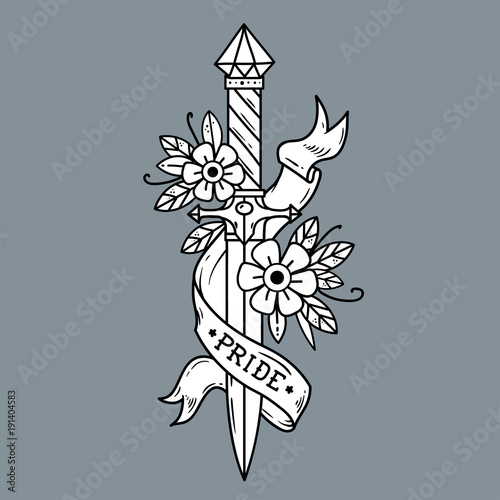 Vector tattoo dagger with flowers and ribbon.Pride