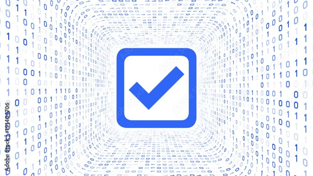 Blue check mark icon form blue binary tunnel on white background. Seamless loop. More icons and color options available in my portfolio.