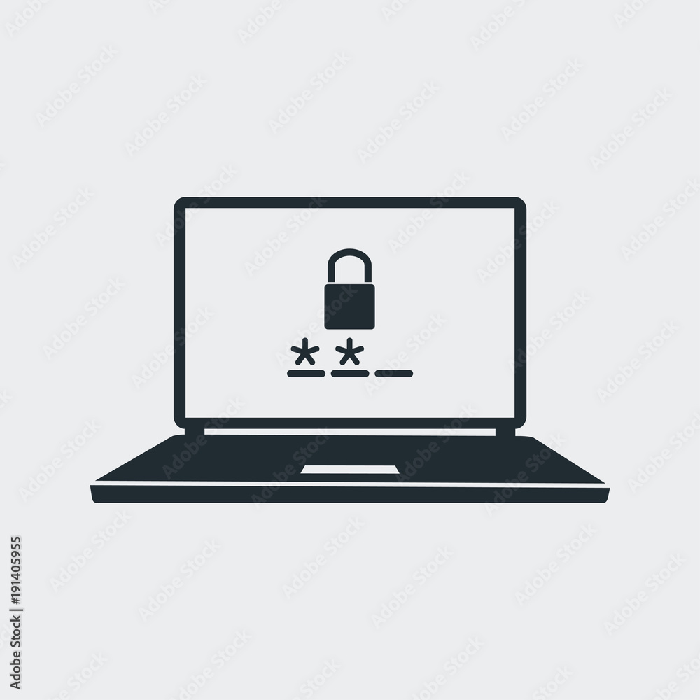 Icono plano seguridad en portatil en fondo gris