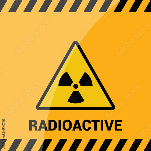 Radioactive zone, vector sign or symbol. Warning radioactive zone in triangle icon isolated on yellow background with stripes. Radioactivity. Dangerous